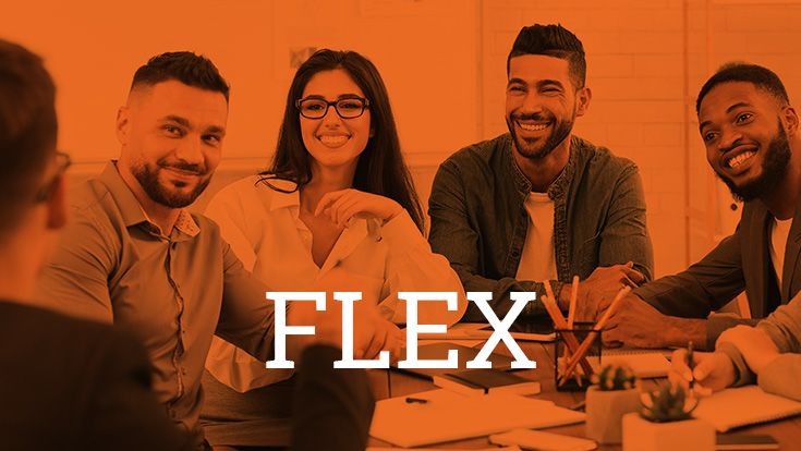 A group of employees watching a speaker, with the word FLEX